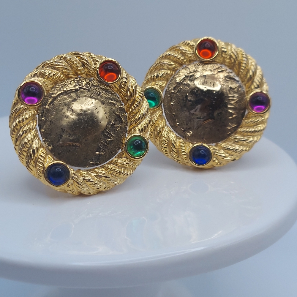 Vintage Adrienne 1980's Etruscan Clip On Gripoix Cabachon Coin Earrings,VGC.